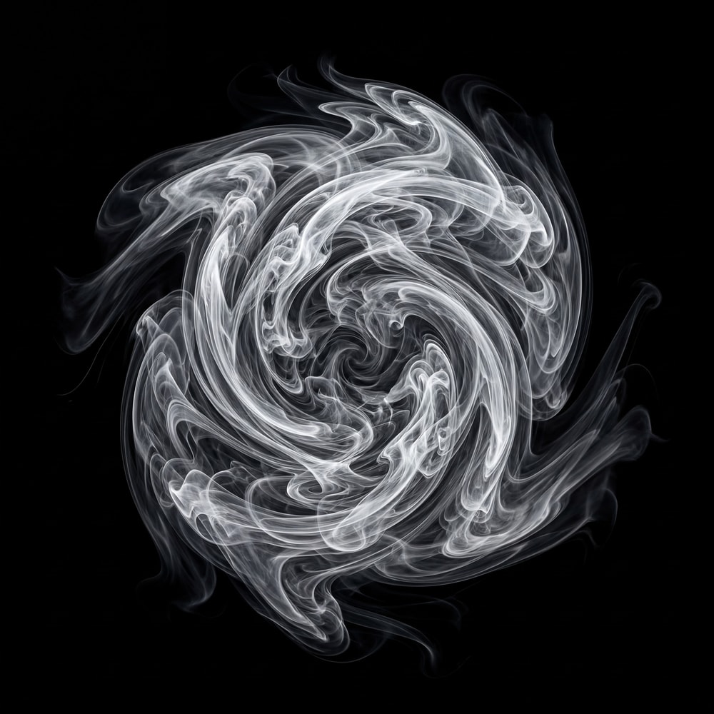 Intense white smoke forming a tight, dynamic vortex shape against a stark black background.