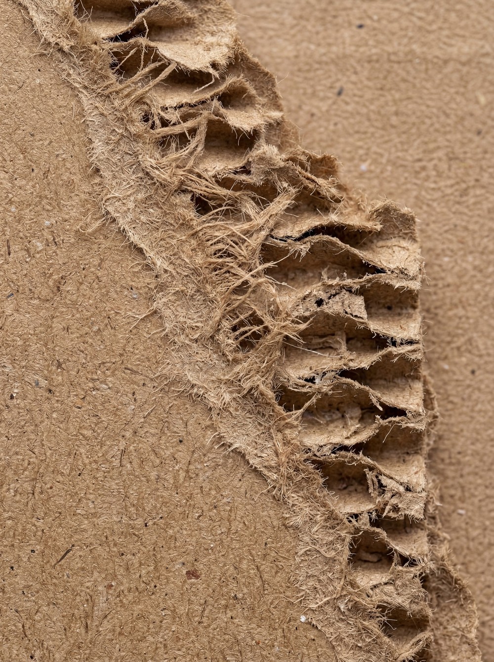 Close-up view of a torn edge of corrugated cardboard, showing the layered paper structure and frayed fibers.