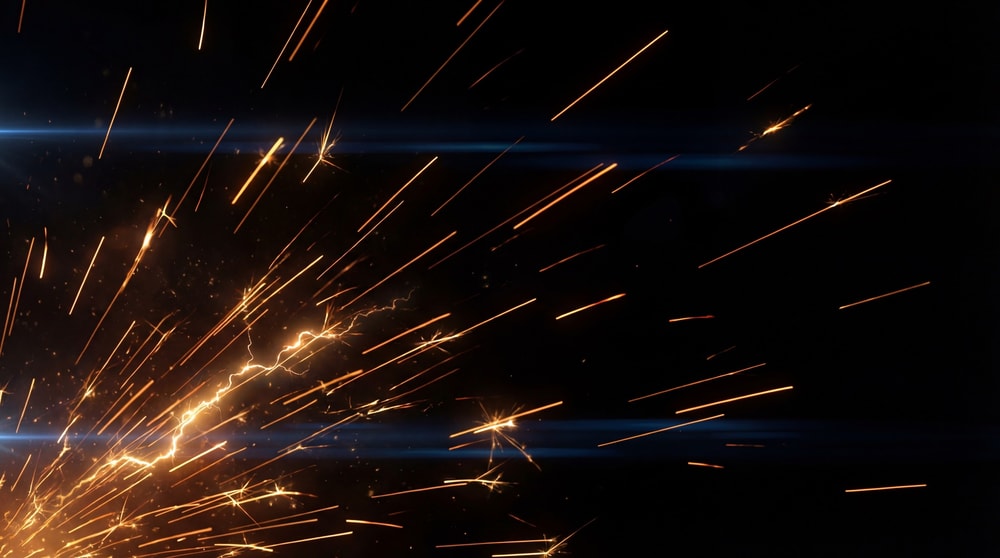 Dynamic, fiery orange spark trails originating from the lower left, streaking upwards and to the right against a dark background with horizontal blue light flares.
