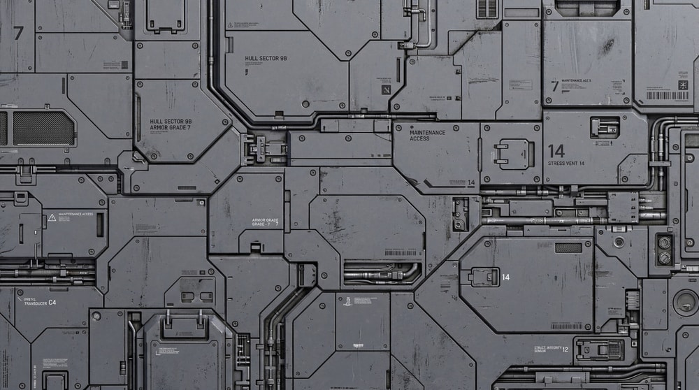 High resolution industrial bulkhead panel with mechanical conduits, heavy plating, and surface scratches.