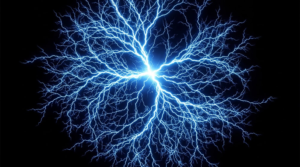 A radial burst of electric blue lightning emanates from a central bright point against a black background.