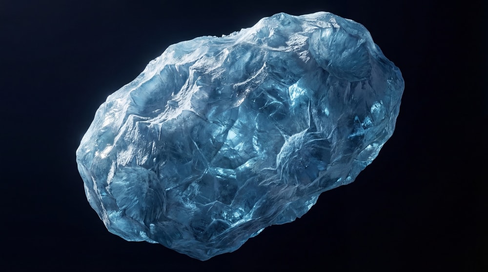 A single, large, irregularly shaped ice crystal formation with intricate facets and internal refractions, set against a dark background.
