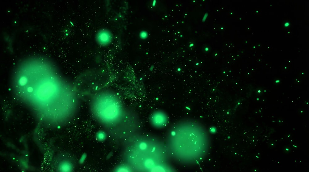 Abstract background of vibrant green glowing particles and fine dust motes scattered against a black void.