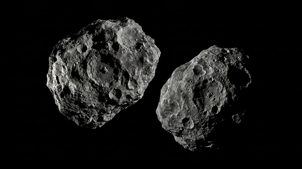 Two detailed, cratered asteroids with rough, irregular surfaces against a stark black background.