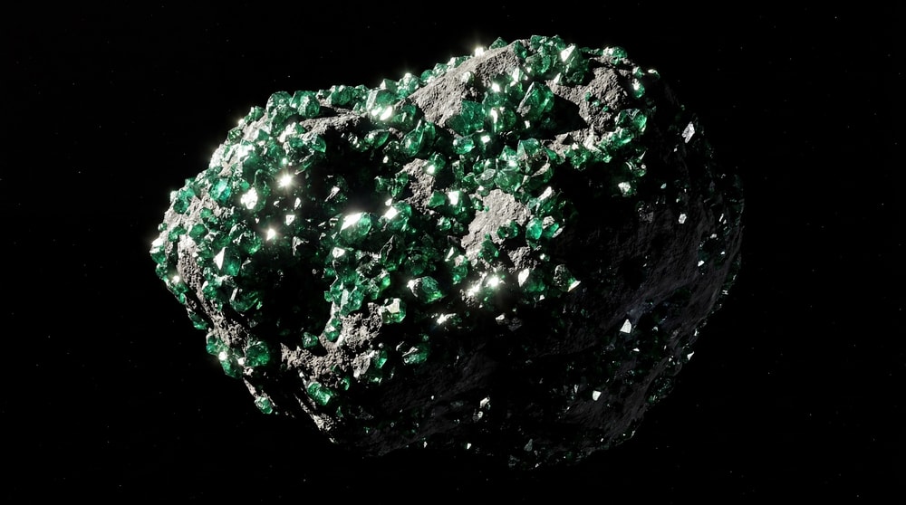 A dark, rough asteroid fragment heavily encrusted with numerous sharp, green, gem-like crystals.