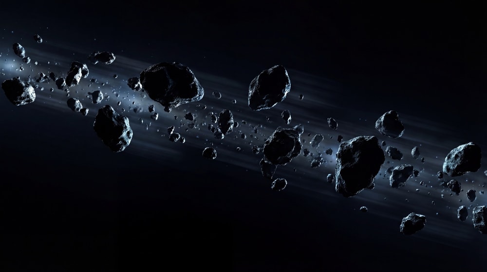 A dense field of rough, dark asteroids and debris illuminated by a bright, ethereal glow against a black background.