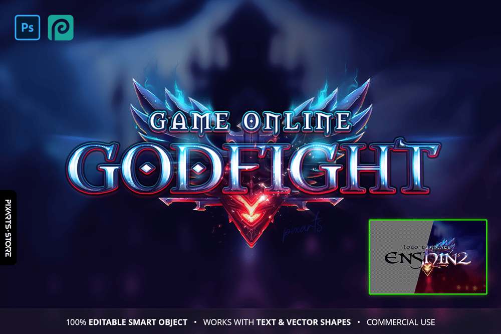GodFight metallic chrome fantasy MMORPG game logo template with blue crystal wings and glowing red emblem