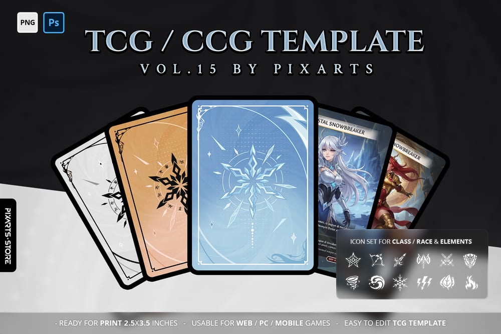 Premium modern anime gacha TCG template UI kit showcasing elemental card backs, full-art character layouts, and 5-star rarity system.