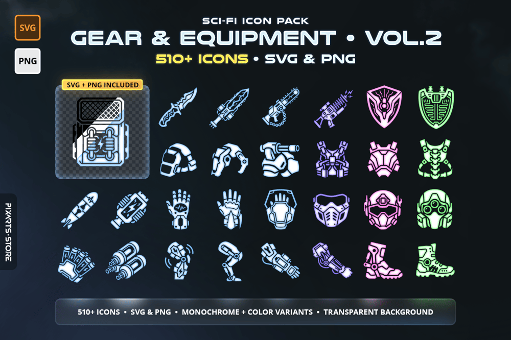 Sci-Fi Gear & Equipment Icon Pack Vol.2 – 510+ cyberpunk gear icons including exo-armor, helmets, plasma weapons and cybernetic implants. SVG and PNG with 6 color variants.