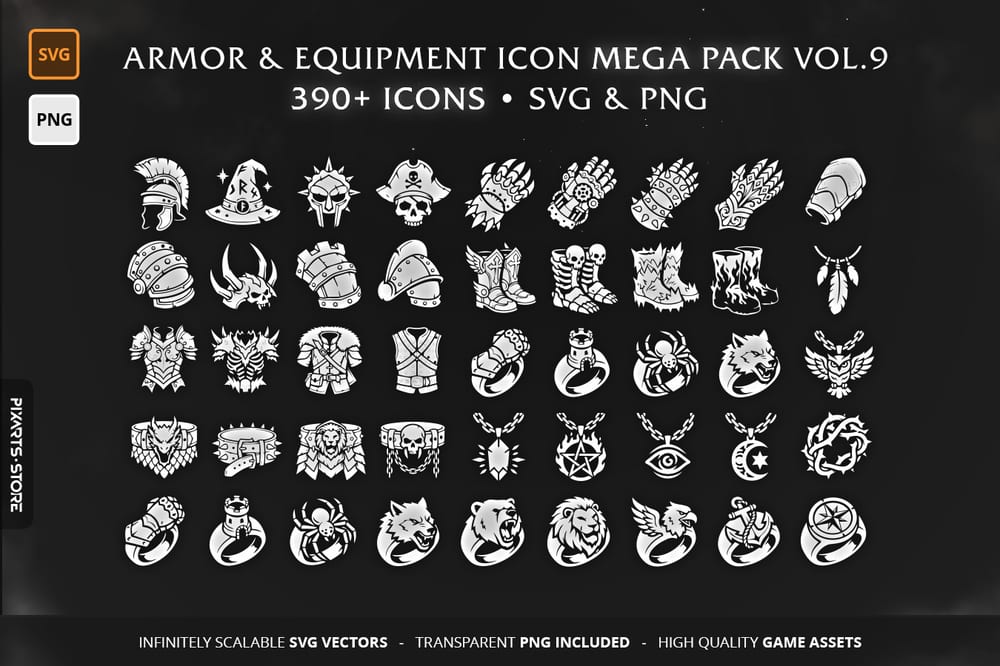 RPG Armor & Equipment Vol.9 - MEGA PACK containing 390+ vector game icons for armor, helmets, and jewelry in SVG and PNG format
