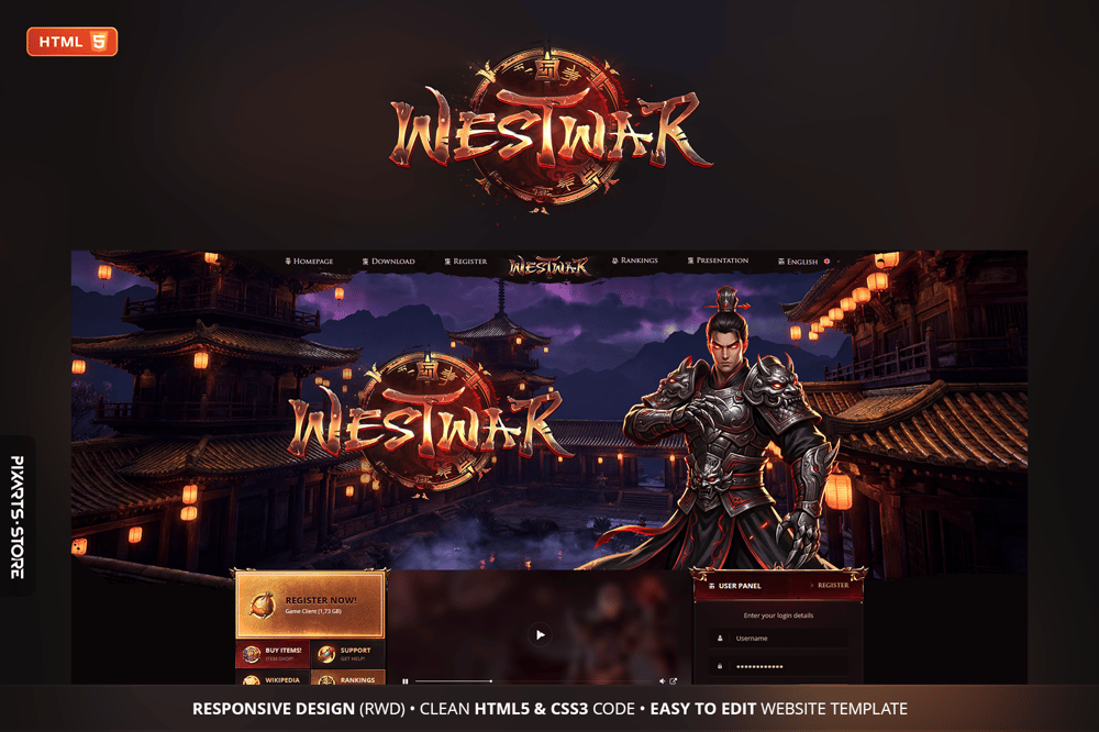 WestWar classic fixed-width MMORPG game website template – dark crimson and gold desktop design