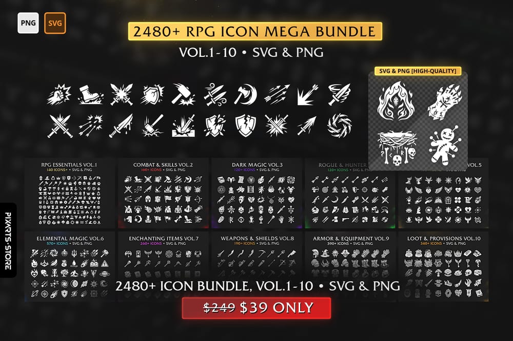 Ultimate RPG Game Icon Mega Bundle – 2400+ Vectors (SVG & PNG) Vol. 1-10