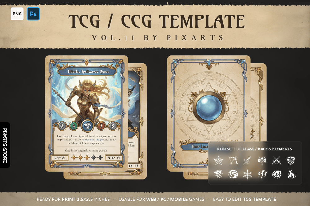Premium classic RPG fantasy trading card game template UI kit showcasing parchment scroll borders and arcane magic circle card backs.