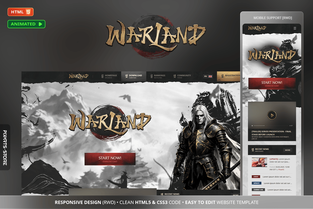 WarLand oriental MMORPG private server template – brushed design with 3 hero section variants