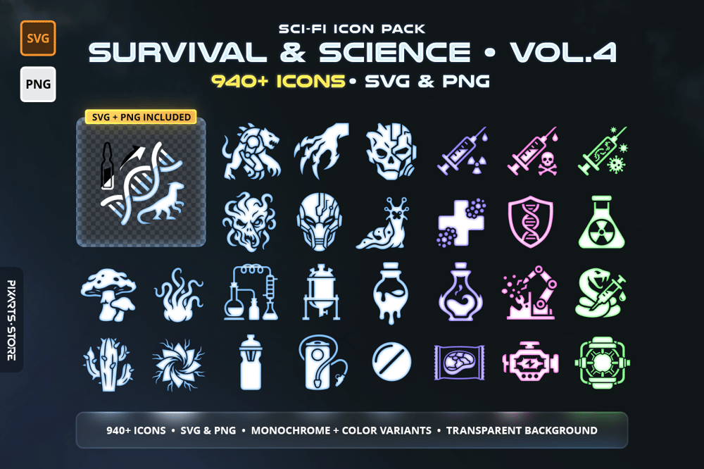 Sci-Fi Survival & Science Icon Pack Vol.4 – 940+ inventory icons including nano medkits, alien flora, synth food and crafting materials. SVG and PNG with 6 color variants.