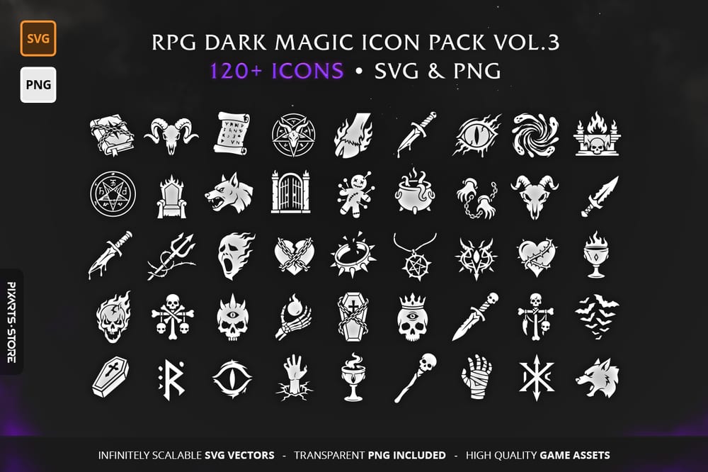 RPG Dark Magic Vol.3 - Collection of 120+ vector game icons, including necromancy skulls, curses, and occult RPG icons in SVG and PNG format