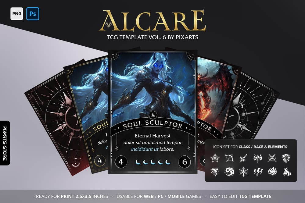 Premium Alcare dark fantasy CCG template UI kit showcasing mystic gold card borders and soulslike RPG layouts.