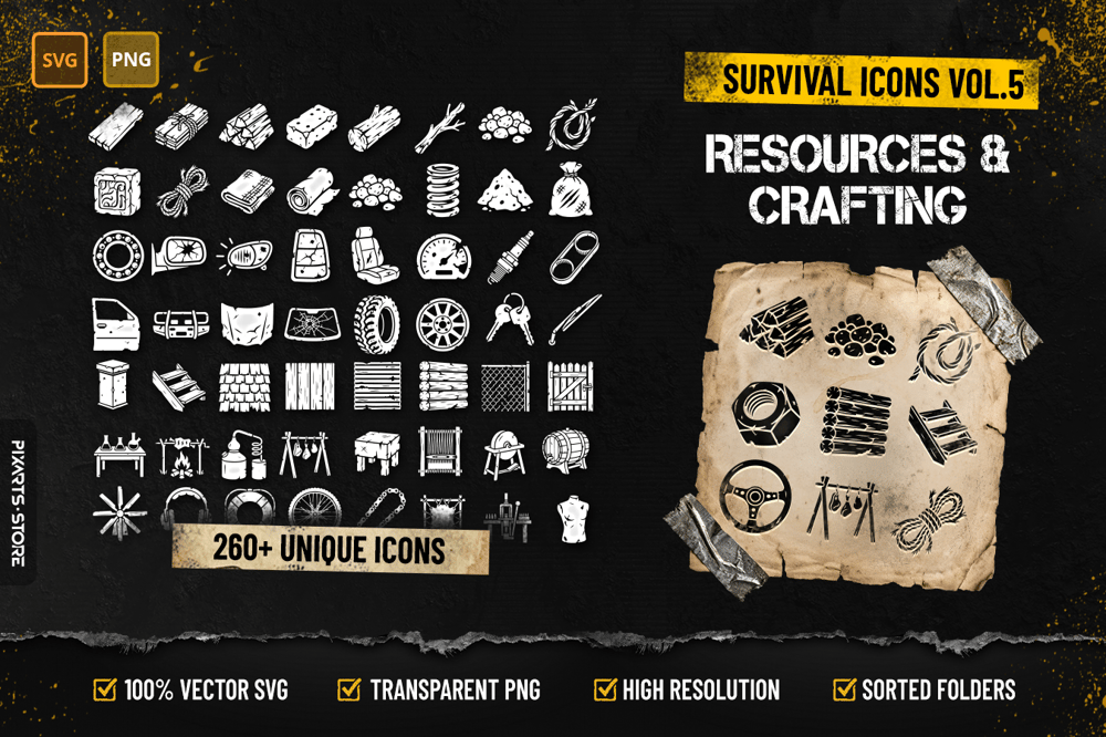 Survival Icons Vol.5 Resources & Crafting cover showing 260+ survival icons including raw materials, vehicle parts, construction materials and crafting resources in SVG and PNG format