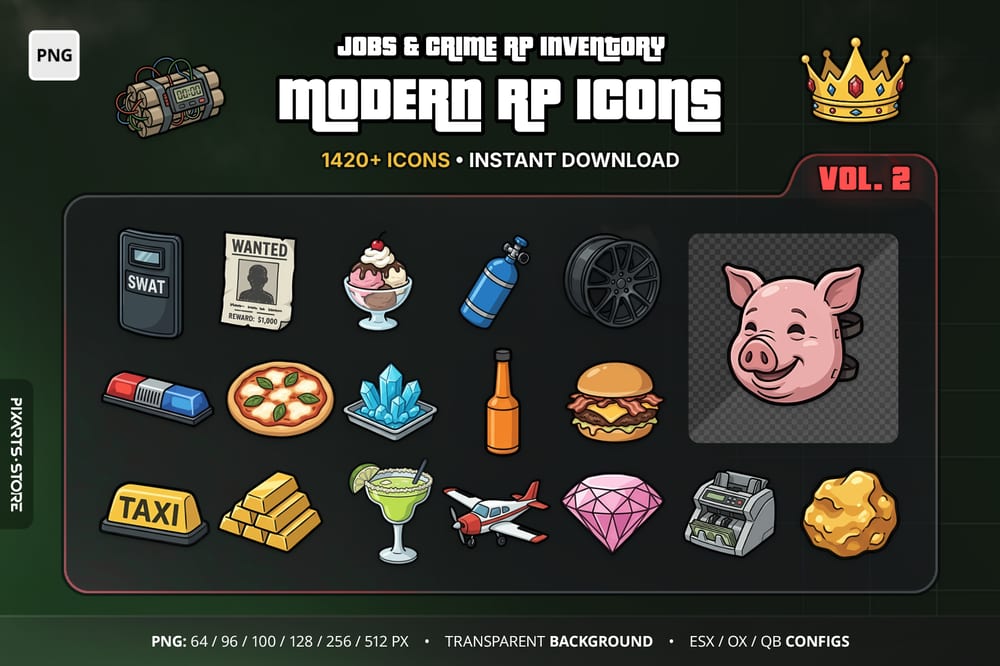 Modern RP Icons Vol.2 Jobs & Crime cover with FiveM inventory icons for drugs, restaurant food, police, EMS, heist and mechanic items on a transparent background