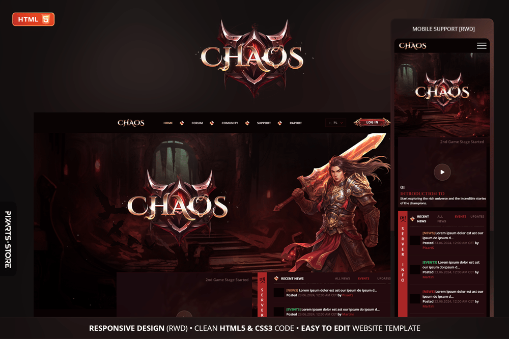 Chaos dark fantasy MMORPG game website template – crimson PvP design with character artwork included