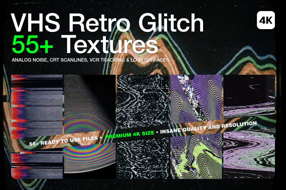 Cover graphic for the 55+ VHS Retro Glitch 4K Textures pack, displaying a collage of analog noise, CRT scanlines, and colorful VCR tracking distortions on a dark background.
