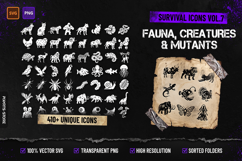 Survival Icons Vol.7 Fauna, Creatures & Mutants cover showing 410+ survival icons including wildlife, marine animals, insects and mutant creatures in SVG and PNG format