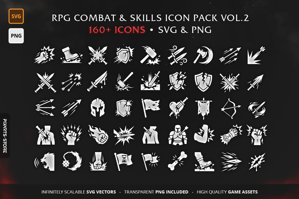 RPG Combat and Skills Vol.2 - Collection of 160+ vector game icons for spells, attacks, and abilities