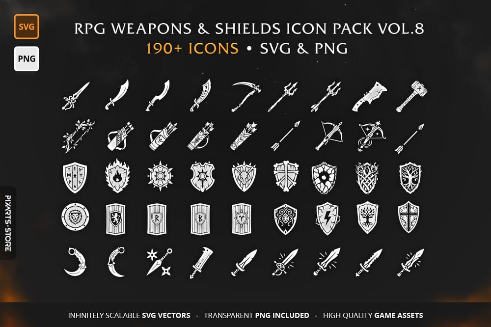 RPG Weapons & Shields Vol.8 - Collection of 190+ vector game icons, including swords, battle axes, and heraldic shields in SVG and PNG format