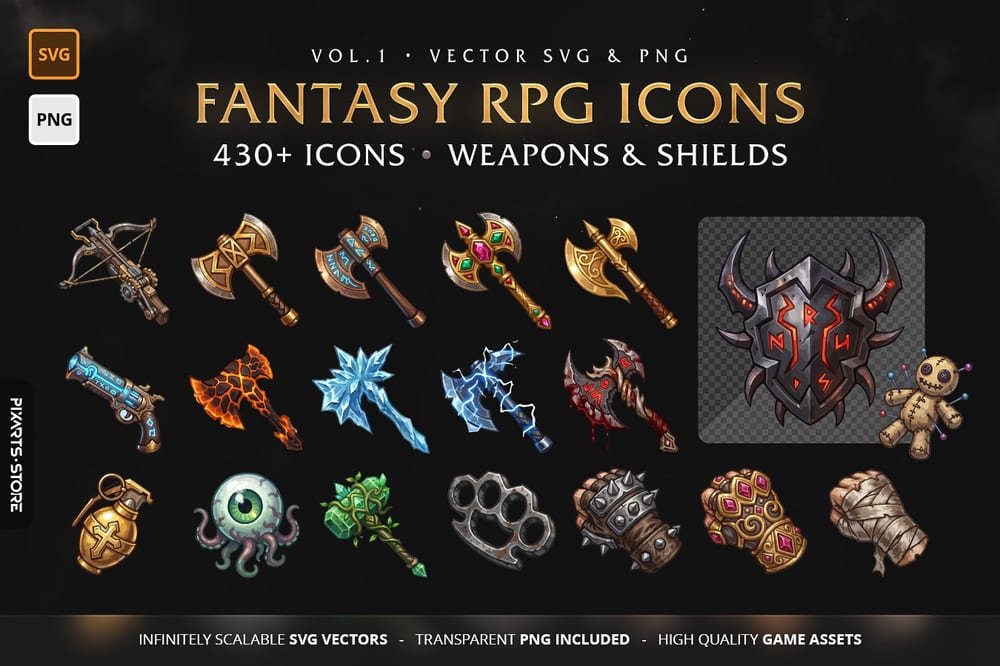 Fantasy RPG Icons Vol.1 cover showing 430+ weapons and shields including axes, crossbows, magic staves, shields and brawling items in painterly SVG and PNG format