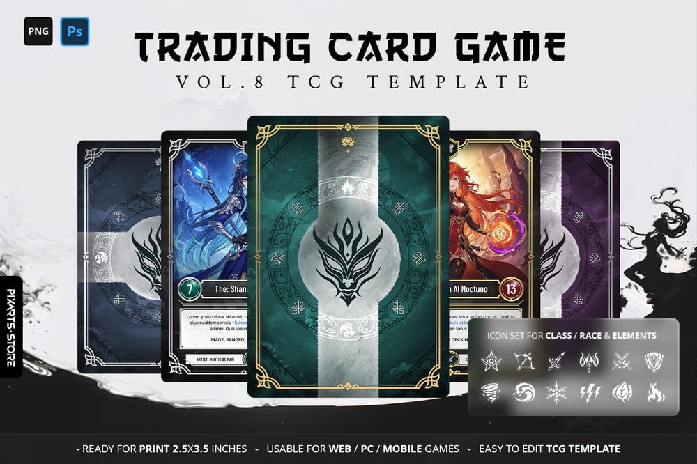 Premium anime fantasy trading card game template UI kit showcasing Japanese ink-wash card borders and JRPG layouts.