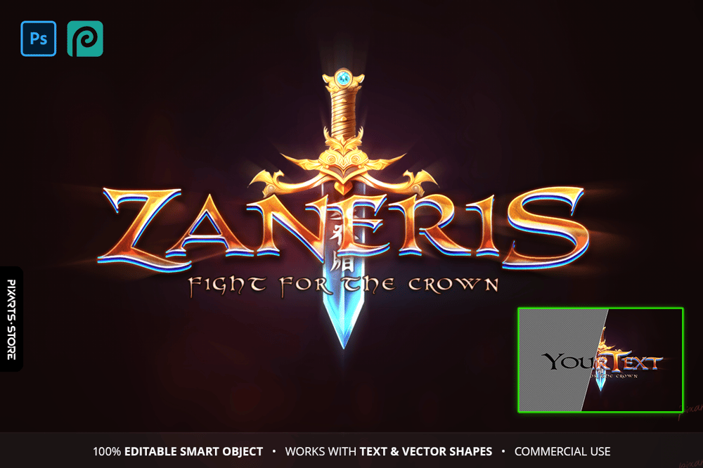 Zaneris free oriental fantasy MMORPG game logo template with gold and blue metallic text effect, magic sword centerpiece and oriental calligraphy background