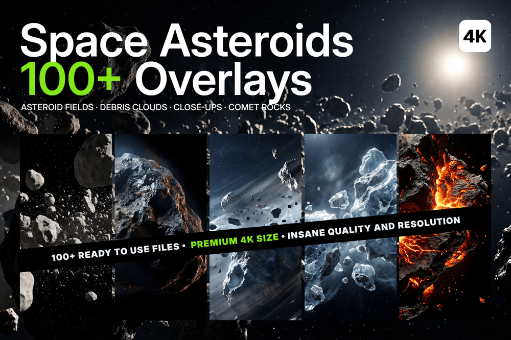 Space Asteroids Overlays pack cover — 100+ overlay images with asteroid fields, debris clouds, close-ups and comet rocks, up to 5K