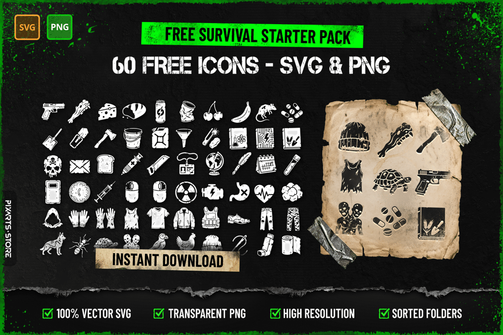 Free Survival Game Icon Starter Pack cover showing 60+ post-apocalyptic survival icons including weapons, food, creatures, medical supplies and UI elements in SVG and PNG format