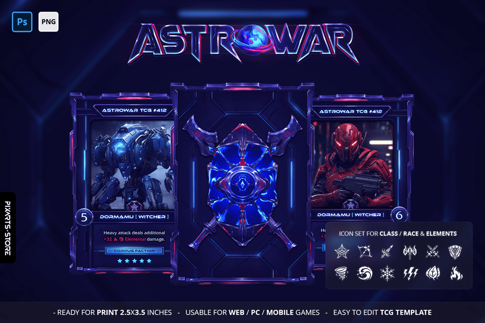 Premium sci-fi mech trading card game template UI kit, showcasing futuristic neon-blue borders and tech shield card backs.