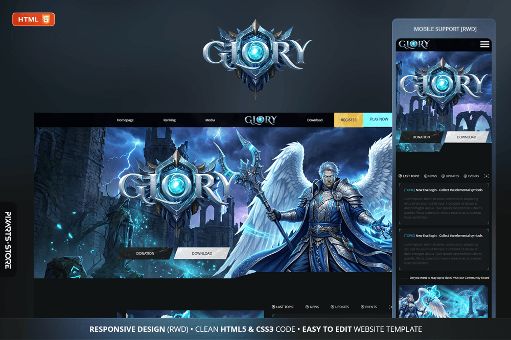 Glory celestial MMORPG game website template – icy blue silver 9-page layout with marketplace and dashboard