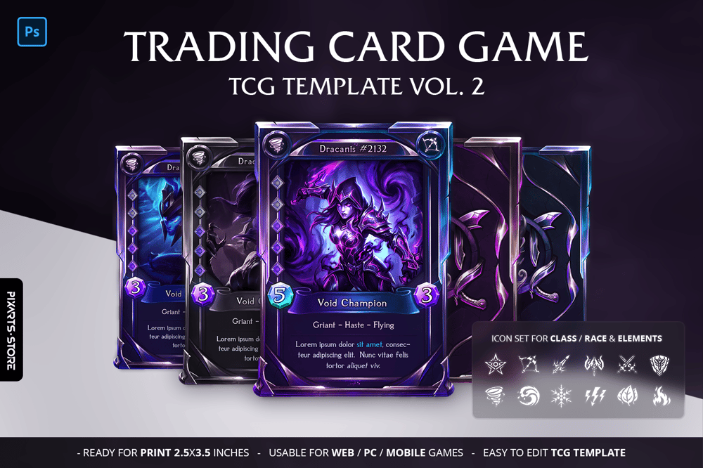 Premium Dracanis void TCG template PSD showcasing glowing purple crystals and sharp metallic card borders.