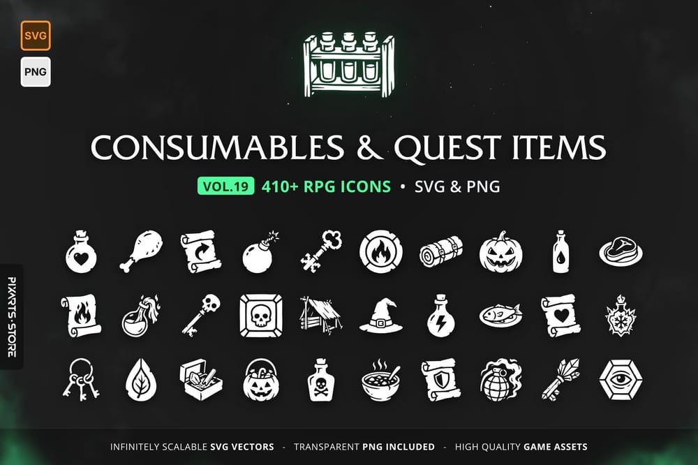 RPG Potions & Quest Items Icons Vol.19 – 416 vector game icons: potions, food, scrolls, bombs, ammo, quest relics, charms, keys and tavern games, in SVG and PNG