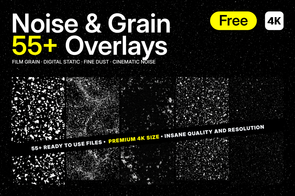 Noise & Grain 55+ Overlays 5K — free pack cover with film grain, digital static and cinematic noise samples