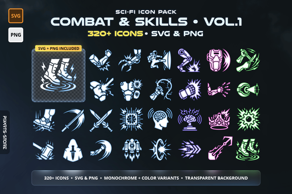 Sci-Fi Combat & Skills Icon Pack Vol.1 cover showing 320+ cyberpunk ability icons including plasma strikes, neural attacks, cyber fists and augmented skills in SVG and PNG format with 6 color variants