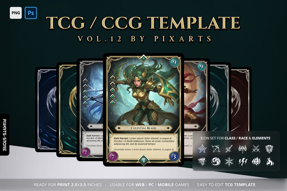 Premium royal dragon trading card game template UI kit showcasing golden armor card borders and high-fantasy RPG layouts.