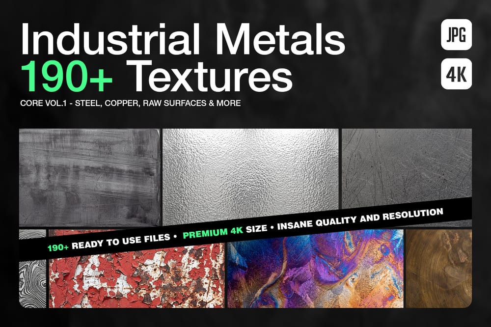 Cover -Industrial Metals CORE Vol. 1 texture pack. A collage showcasing various metal types including scratched steel, peeling painted rust, and iridescent copper. Text highlights 190+ textures in 4K.