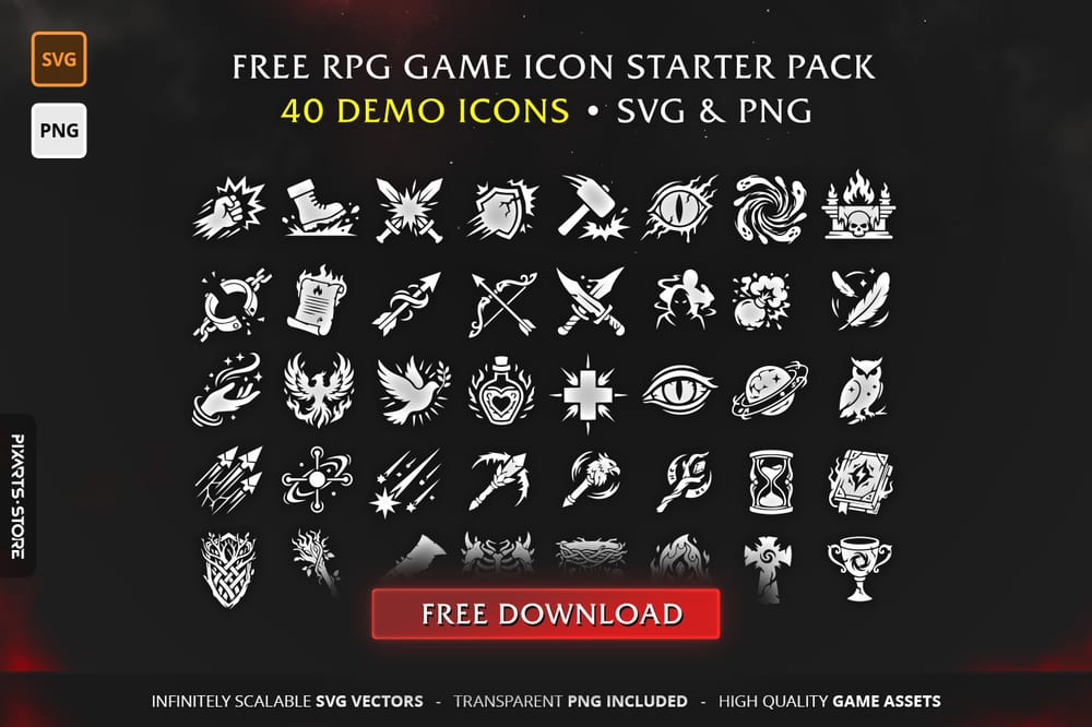 Free RPG Game Icon Starter Pack with 40+ demo vector icons showing combat skills, arcane magic, potions, phoenix, owl and dark occult symbols as infinitely scalable SVG and transparent PNG files