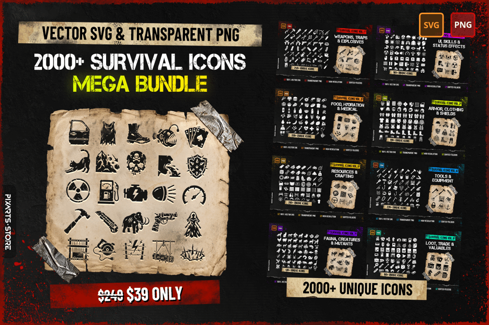 Ultimate Survival Game Icon Mega Bundle Vol.1-8 cover showing 2000+ post-apocalyptic icons including weapons, armor, tools, resources, food, creatures and UI elements in SVG and PNG format