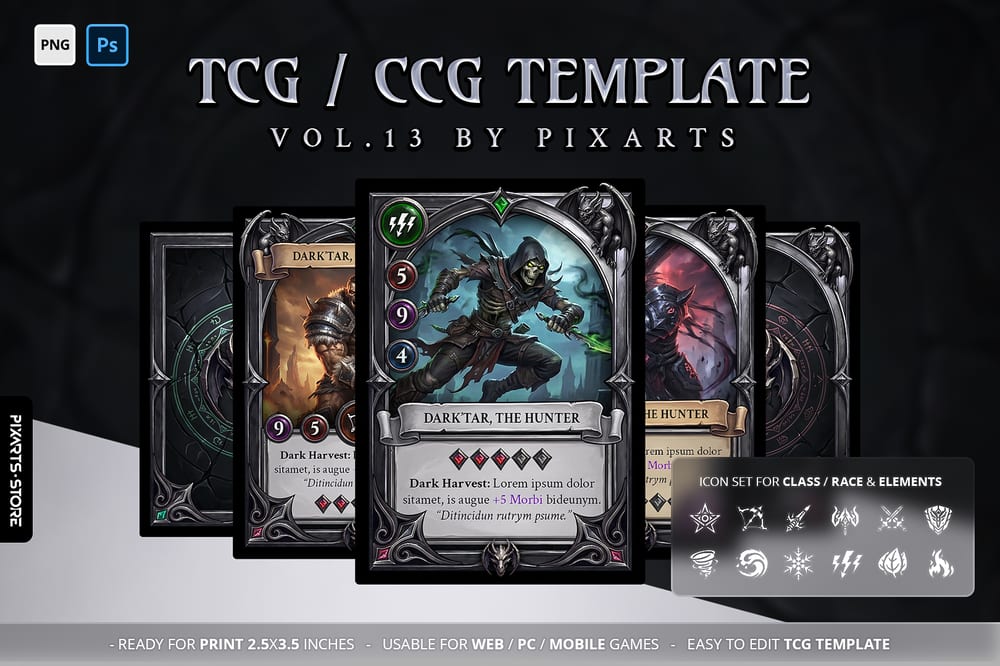 Premium dark gothic dragon TCG template UI kit showcasing iron cathedral card borders and dragon skull crest card backs.