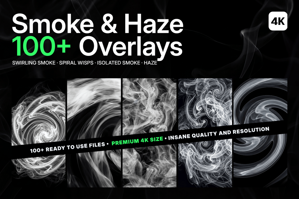 Smoke & Haze 100+ Overlays 4K pack cover with swirling white smoke and haze samples