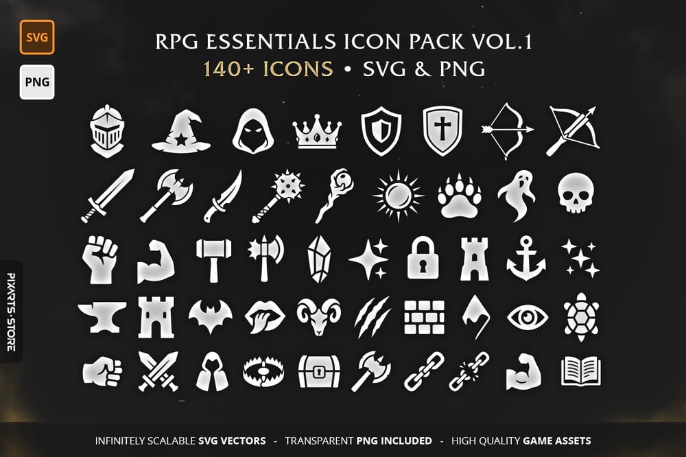 RPG Essentials Vol.1 - Collection of 140+ flat vector game icons, including swords, potions, and inventory RPG icons in SVG and PNG format