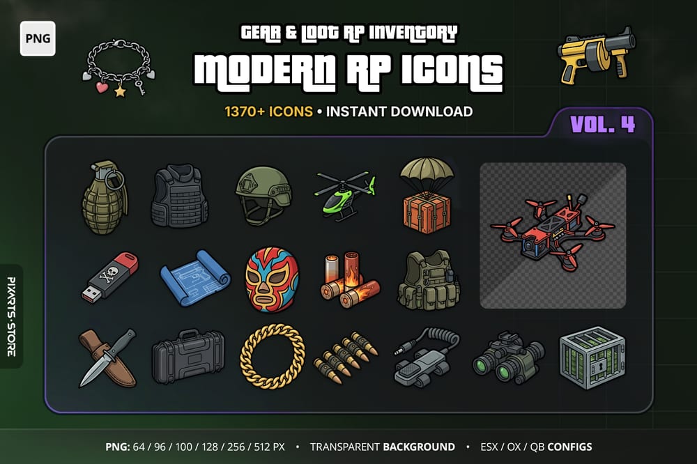 Modern RP Icons Vol.4 Gear, Crafting & Loot cover with FiveM inventory icons for crafting materials, weapon attachments, ammo, loot, keys and tactical gear