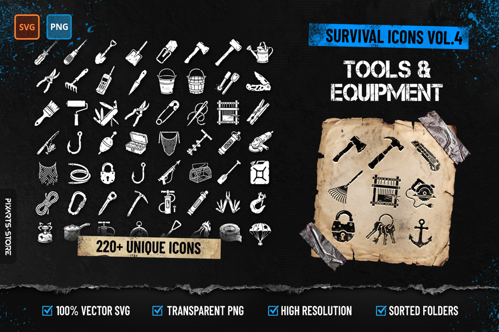 Survival Icons Vol.4 Tools & Equipment cover showing 220+ survival icons including hand tools, fishing gear, climbing equipment and camping supplies in SVG and PNG format