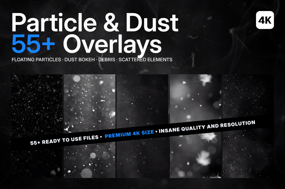 Particle & Dust 55+ Overlays 4K pack cover with floating particles, dust bokeh and scattered debris samples