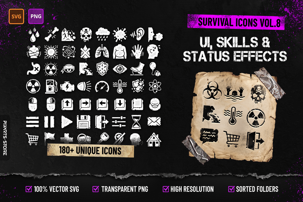 Survival Icons Vol.8 UI, Skills & Status Effects cover showing 180+ survival icons including status indicators, navigation arrows, skill icons and HUD elements in SVG and PNG format